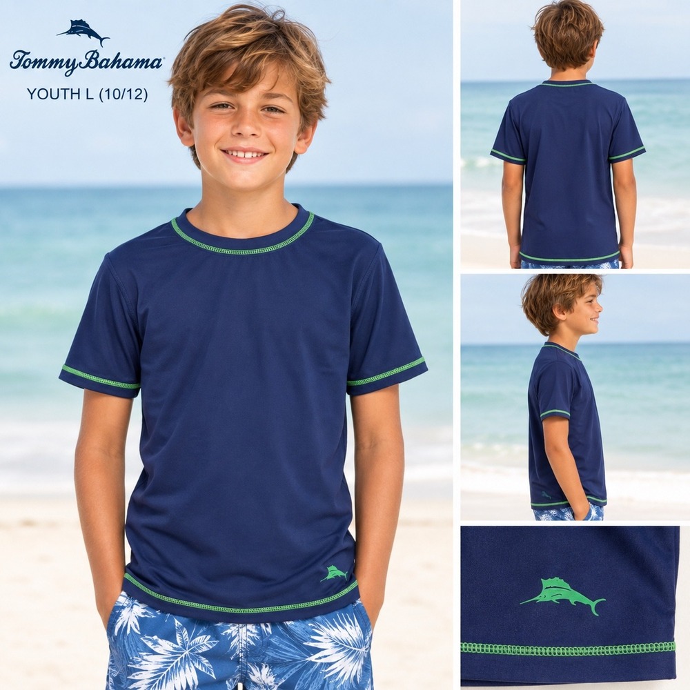 Tommy Bahama Kids Navy Blue Short Sleeve Rash Guard Swim Shirt Youth Large 10/12
